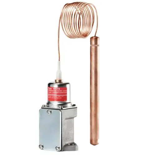 Danfoss Pilot für Wasserregelventil mit einer Kupferrohrschleife und einer Piloteinheit, die Temperaturregelung zwischen 0 °C und 30 °C ermöglicht.
